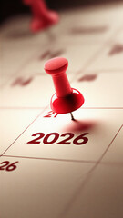 Pin marking the year 2026 on a calendar page close up