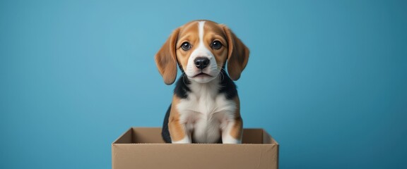 Cute beagle puppy sitting inside a paper bag on a blue background.