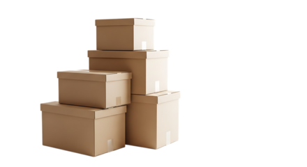 A stack of cardboard boxes isolated on a transparent background, representing storage and moving