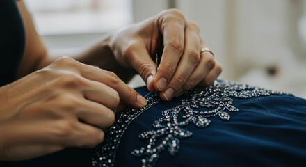 captures skilled hands delicately sewing intricate beadwork onto a dark blue fabric, emphasizing meticulous craftsmanship and highlighting a detailed design, revealing the artistry of embellishment