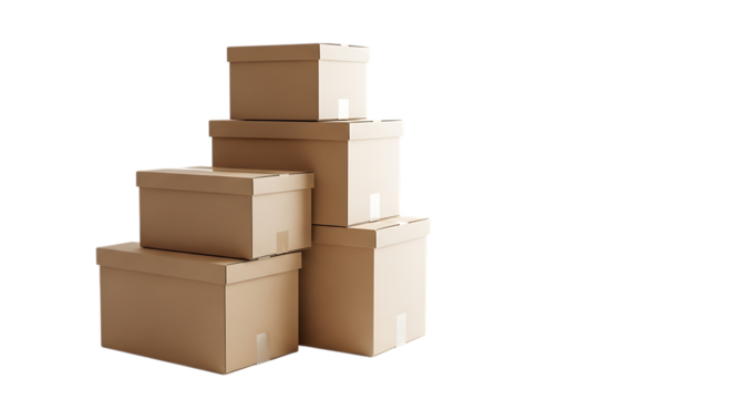 A stack of cardboard boxes isolated on a transparent background, representing storage and moving