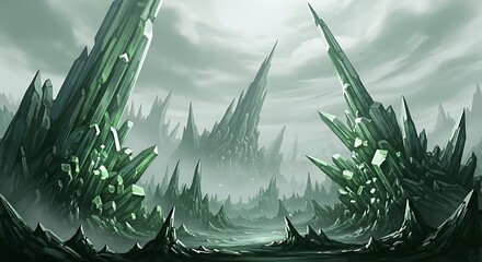 Landscape view of sharp crystals in a foggy and mysterious scenery