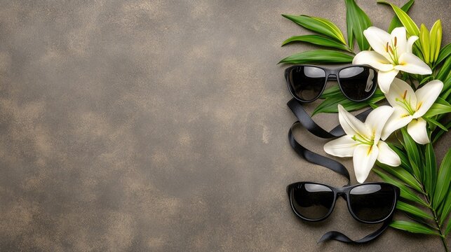 Graceful white lilies paired with a black ribbon lie on a dark gray backdrop, creating an elegant setting ideal for special messages or celebratory notes