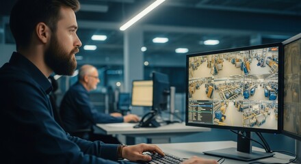 Modern security operations center with professional monitoring warehouse activity, ensuring safety and streamlined logistics during busy shipping season