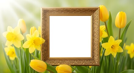 Ornate golden frame surrounded by yellow tulips and daffodil flowers