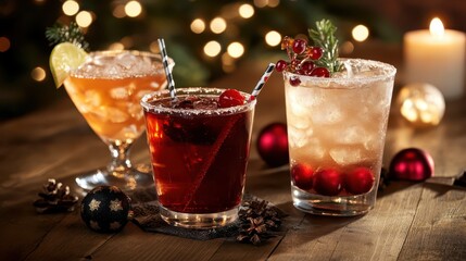 Festive Holiday Cocktails with Beautiful Garnishes Displayed