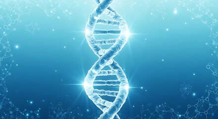 Abstract glowing double helix dna molecule structure on a blue digital background with particles
