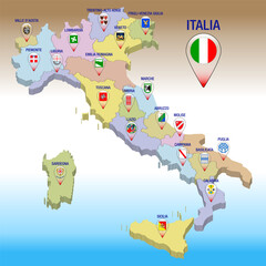Italy, map 3D of the regions of the Italian Republic with regional coats of arms, vector illustration