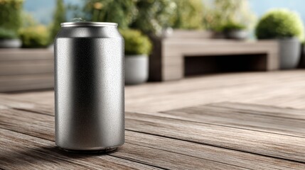 Obraz premium Iced metal can on a wooden deck, with plants in the background. Use it to promote your soda, beer, or canned beverage product.