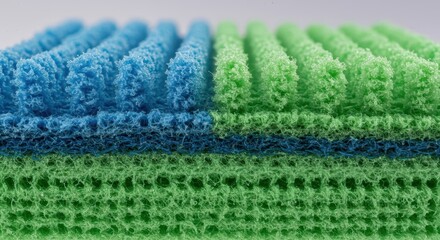 A  photograph showcases the textured surface of a stack of cleaning sponges, revealing layers of vibrant blue and green colors, creating a visually engaging composition.