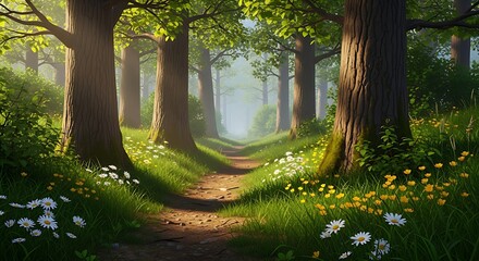 A dirt path winding through a forest with flowers and green foliage