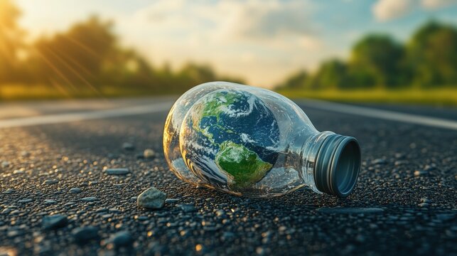 Photorealistic Globe in Transparent Bottle on Asphalt with Subtle Reflections