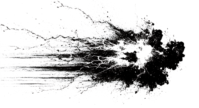 Abstract black ink splash and splatter effect, isolated on transparent background