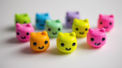 Group of brightly colored chewable cat shaped vitamin tablets