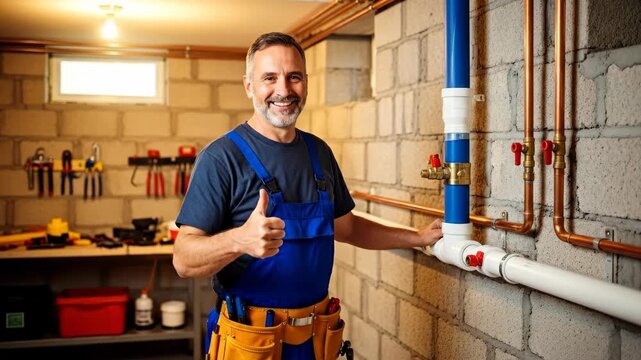 Male plumber smiles and gives thumbs up standing by new pvc and copper pipes in workshop, plumbing installation footage.
