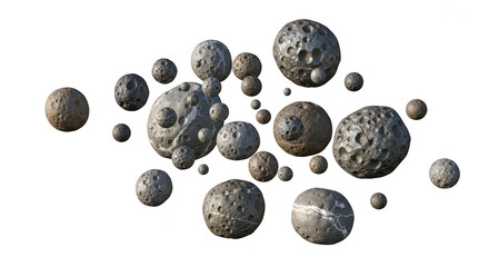 A collection of asteroids isolated on transparent background, showcasing their textures