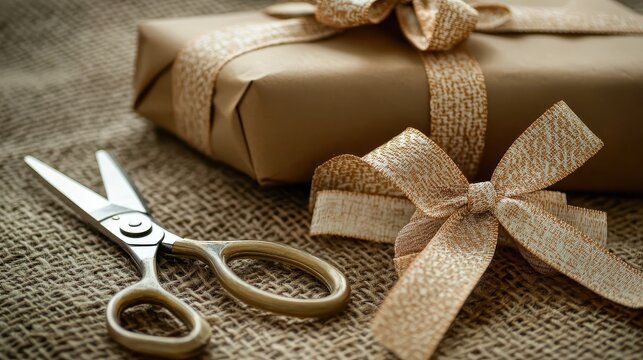Elegant Gift Wrapped With Ribbon and Scissors on a Rustic Surface