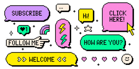 Colorful y2k pixel retro speech bubbles with 3d effect. 8 bit digital bright vector elements for stickers, game interface, social media. Chat boxes, text phrases, long arm, forefinger pointing icon © Mariia
