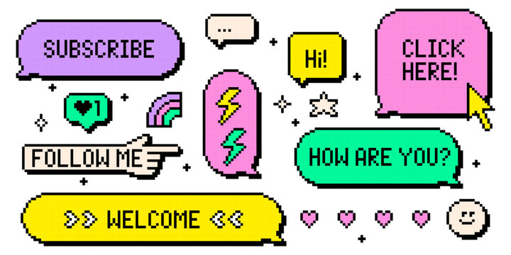 Colorful y2k pixel retro speech bubbles with 3d effect. 8 bit digital bright vector elements for stickers, game interface, social media. Chat boxes, text phrases, long arm, forefinger pointing icon