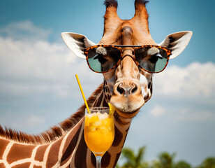 Portrait of giraffe in sunglasses with cocktail, portrait of a giraffe, giraffe close up