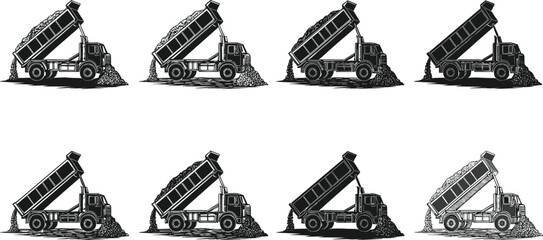 Dump truck unloading illustration set, gravel pile, tilt bed motion, construction vehicle, black and white vector © Miss