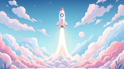 Rocket Launching into Sky with Bright Clouds and Pink Hues in Animation - Powered by Adobe