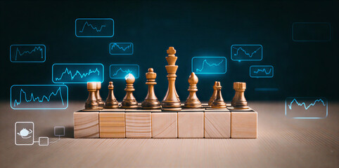 Strategic Chess Pieces Displayed with Financial Graphs, Decision-Making Conceptualization