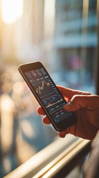 A man checking stock market updates on a smartphone, bright daylight, investment focus