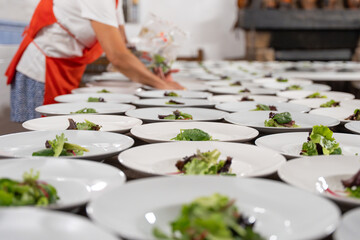Catering staff preparing many individual salad plates