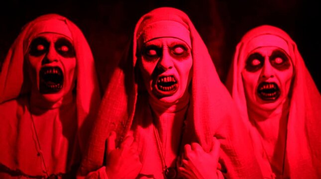 Sinister Halloween rap. Three red ghostly nuns with evil smiles and open mouths terrify the viewer with the dark, scary atmosphere