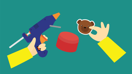 Hand holding a drill and a teddy bear. Vector illustration.