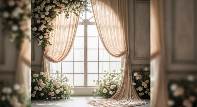 Ethereal Sunlit Window Framed by White Roses and Flowing Silk Drapes.