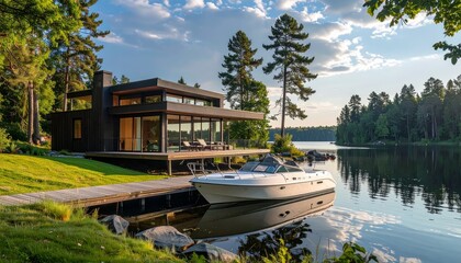 Fototapeta premium Lakeside Modern Home with Boat, home sits peacefully on the edge of a serene lake