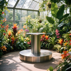 Garden Sanctuary: An immaculate modern stainless steel table stands centrally within a vibrant, light-filled glass greenhouse, a testament to harmonious blending of the elements.