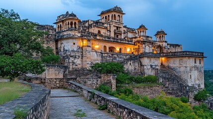 Fototapeta premium Historic Indian Fortress Lit Up in the Evening