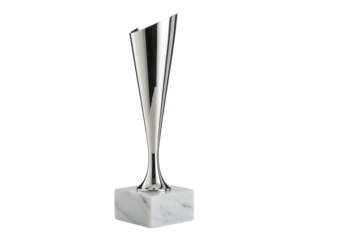 Isolated metallic trophy on marble base, award for achievement or competition success