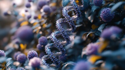 Helix structure amidst vibrant purple globe flowers & foliage, close-up soft focus