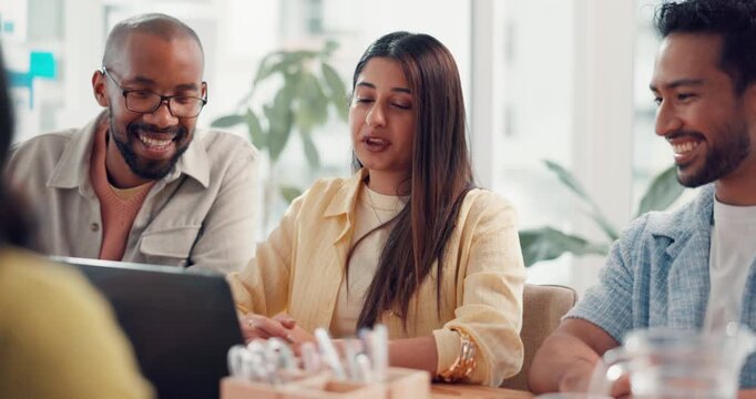 Happy people, virtual meeting or wave in office with laptop, collaboration or online discussion in company. Woman, men or colleagues in workplace with tech, talking or video call for business deal