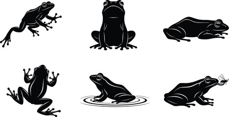 Frog silhouette illustration set, leaping, sitting, climbing, resting, feeding pose, water ripple, vector design