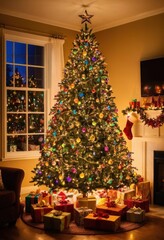 Beautifully decorated Christmas tree with presents underneath.