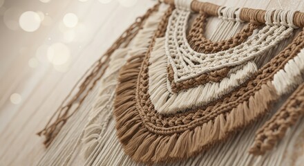 Fototapeta premium Detailed showcases intricate macrame wall hanging with textured natural fibers, crafted in shades of cream and brown, resting on a wooden surface, capturing a warm and inviting atmosphere