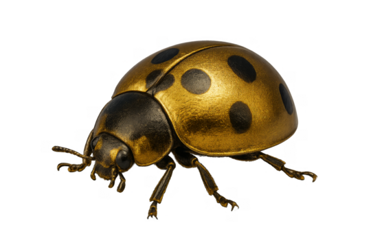 Golden Ladybug: A detailed image of a ladybug, showcasing a stunning golden hue and intricate black spots on its back. The insect stands out with fine details, a symbol of good fortune.