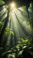 Sunlight streaming through dense rainforest canopy in lush greenery.
