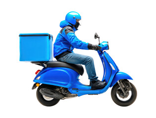 A delivery motorbike rider in a blue-themed outfit and motorbike isolated
