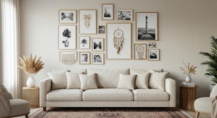 A cozy, inviting living room showcases a gallery wall adorned with framed art and a central dreamcatcher, complemented by a neutral-toned sofa with plush pillows, pampas grass, and wooden accents...