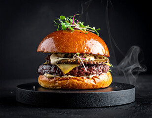 Gourmet Beef Burger With Cheese, Microgreens, And Brioche Bun On Black Background