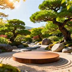 Zen Garden Stage: A tranquil, perfectly raked zen garden with a wooden stage bathed in sunlight, offering a minimalist space for products or meditation, surrounded by serene nature and trees.