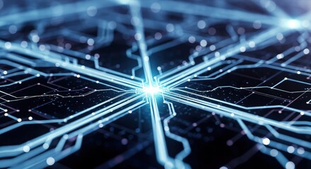 An Abstract Close-up of a Futuristic Circuit Board with Glowing Blue LED Lights on a Dark Background Illustrating Advanced Technology Connections