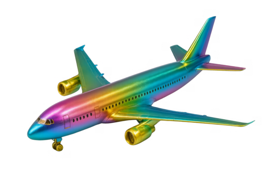 Colorful Aircraft in Flight: A vibrant airplane glides through the air, its iridescent fuselage catching the light and reflecting a spectrum of rainbow hues, representing flight and adventure.