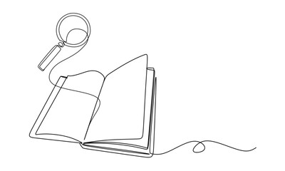Open book with magnifying glass in continuous line art drawing style. Research and knowledge symbol. Black linear design isolated on white background. 